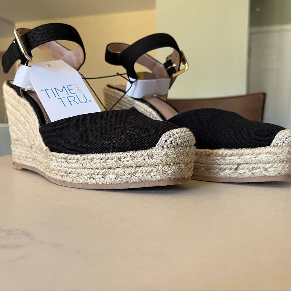 Time and Tru Black and Tan Espadrille Wedges